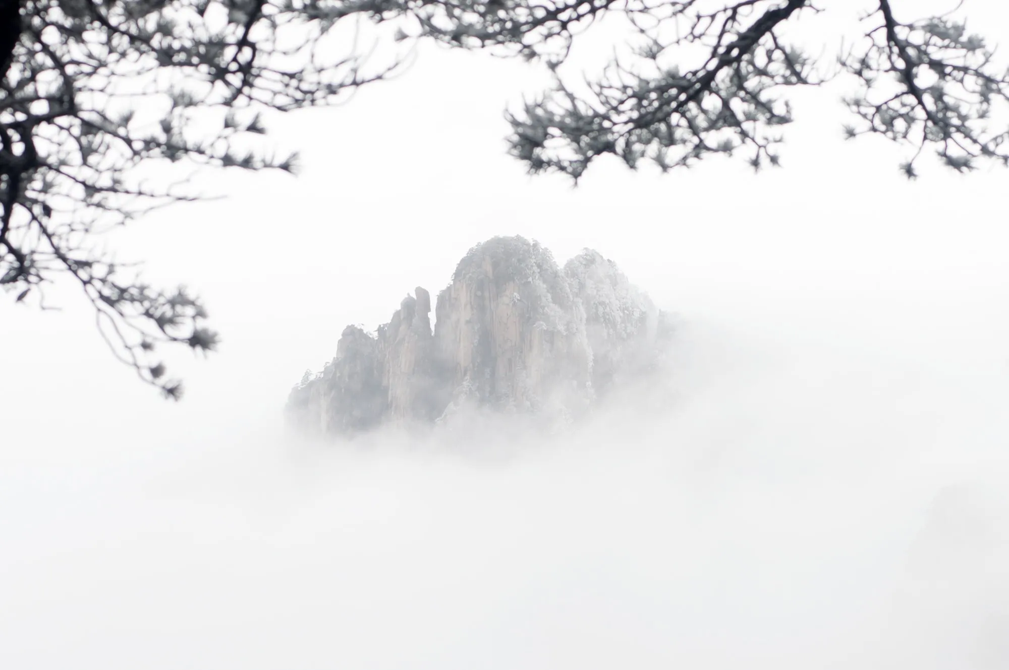 A granite peak rising out of white mist in the Huangshan mountains